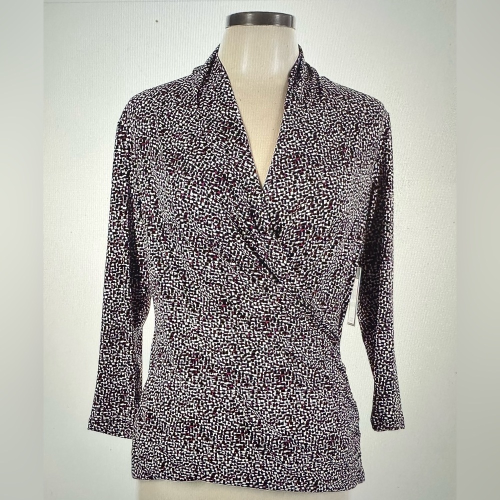 Chaus Faux Wrap Blouse Maroon and Cream Size L NWT
